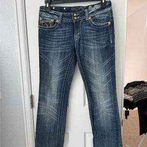 Miss Me Dark Blue Boot Cut Jeans with Gold Accents